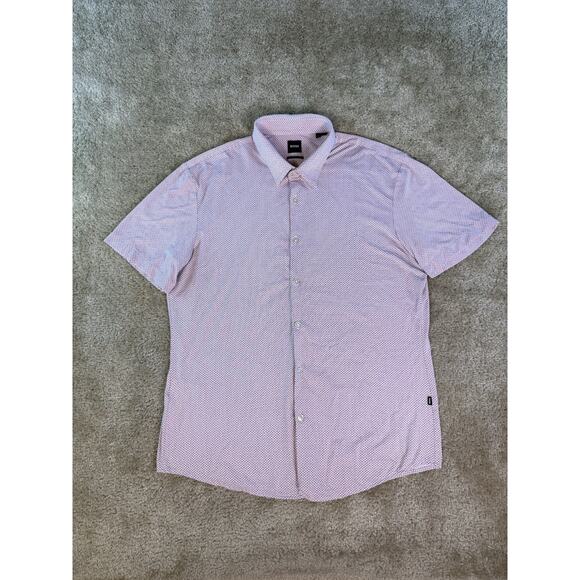 BOSS Hugo Boss Men XL Slim Fit Short Sleeve Button Down Shirt Geometric AOP E147 - Picture 1 of 10